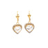Heart Shaped Zirconia Stones Dangle Earrings in 14k gold filled design, showcasing heart-shaped zirconia pendants accented by smaller crystals. These elegant dangle earrings feature lever-back clasps for secure fastening, all set against a plain white background.